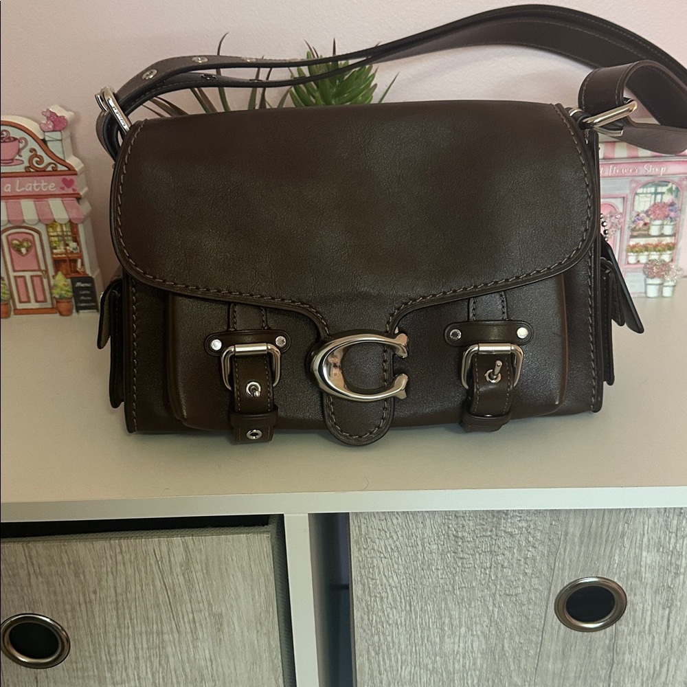 Coach Dark Brown Leather Shoulder Bag with Silver Hardware